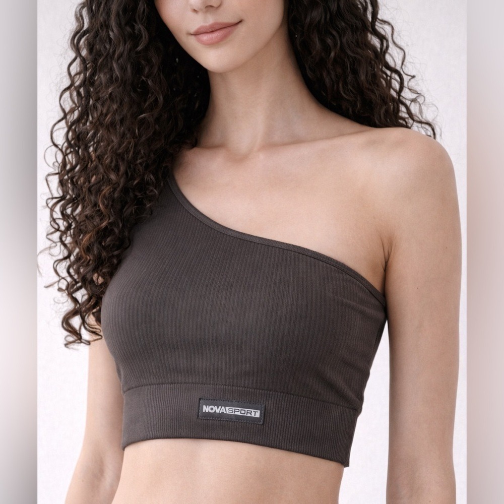 NOVA SPORT One Shoulder Ribbed Crop Top Activewear Bra Charcoal Gray Size Medium